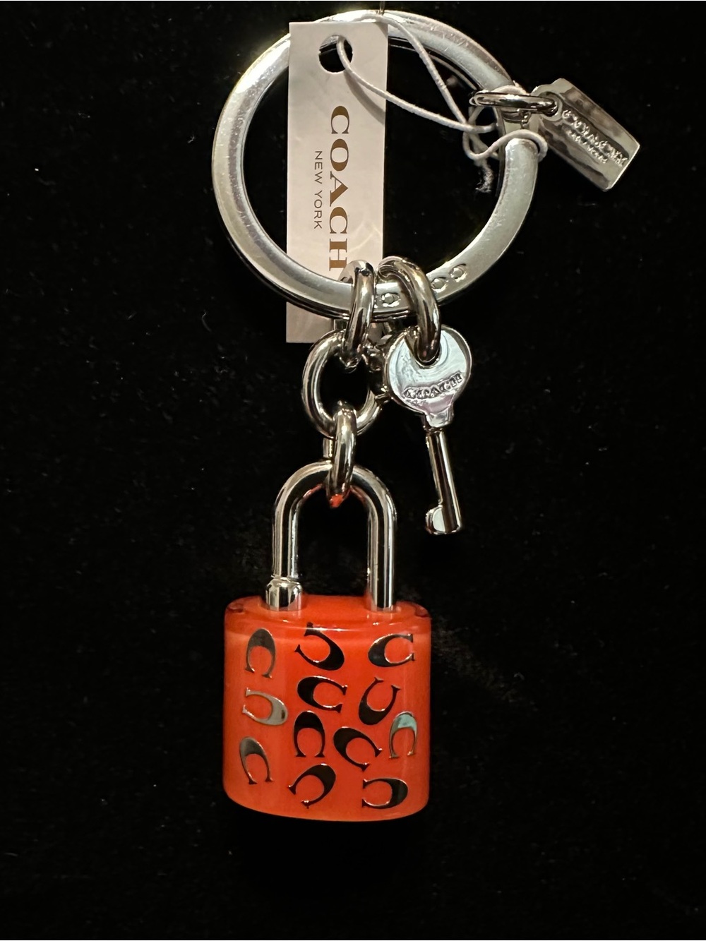NEW Coach Orange Enamel Padlock Keychain with Silver Hardware
